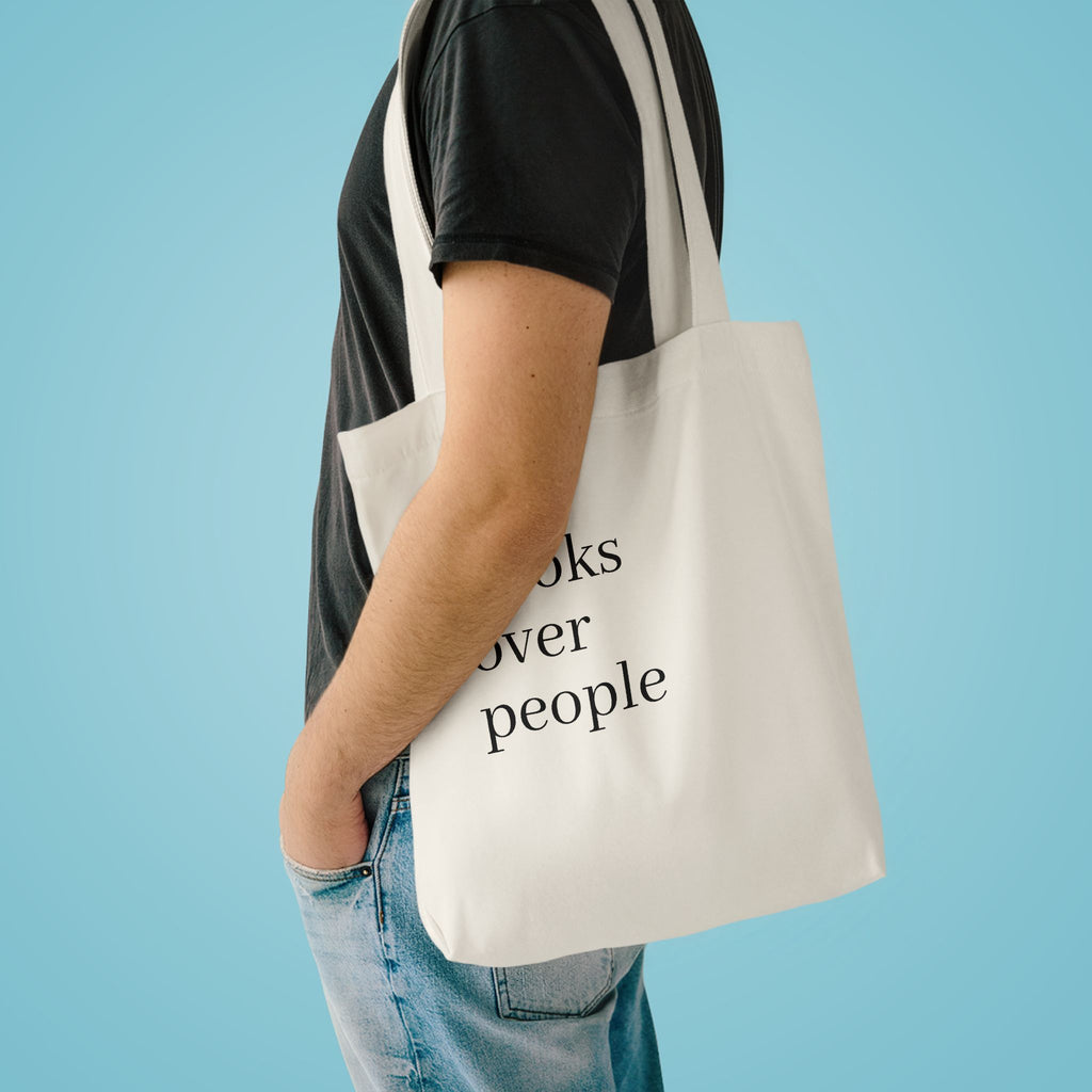 Black Cotton Tote Bag — Subtle 'Books Over People' Embroidered Library Tote