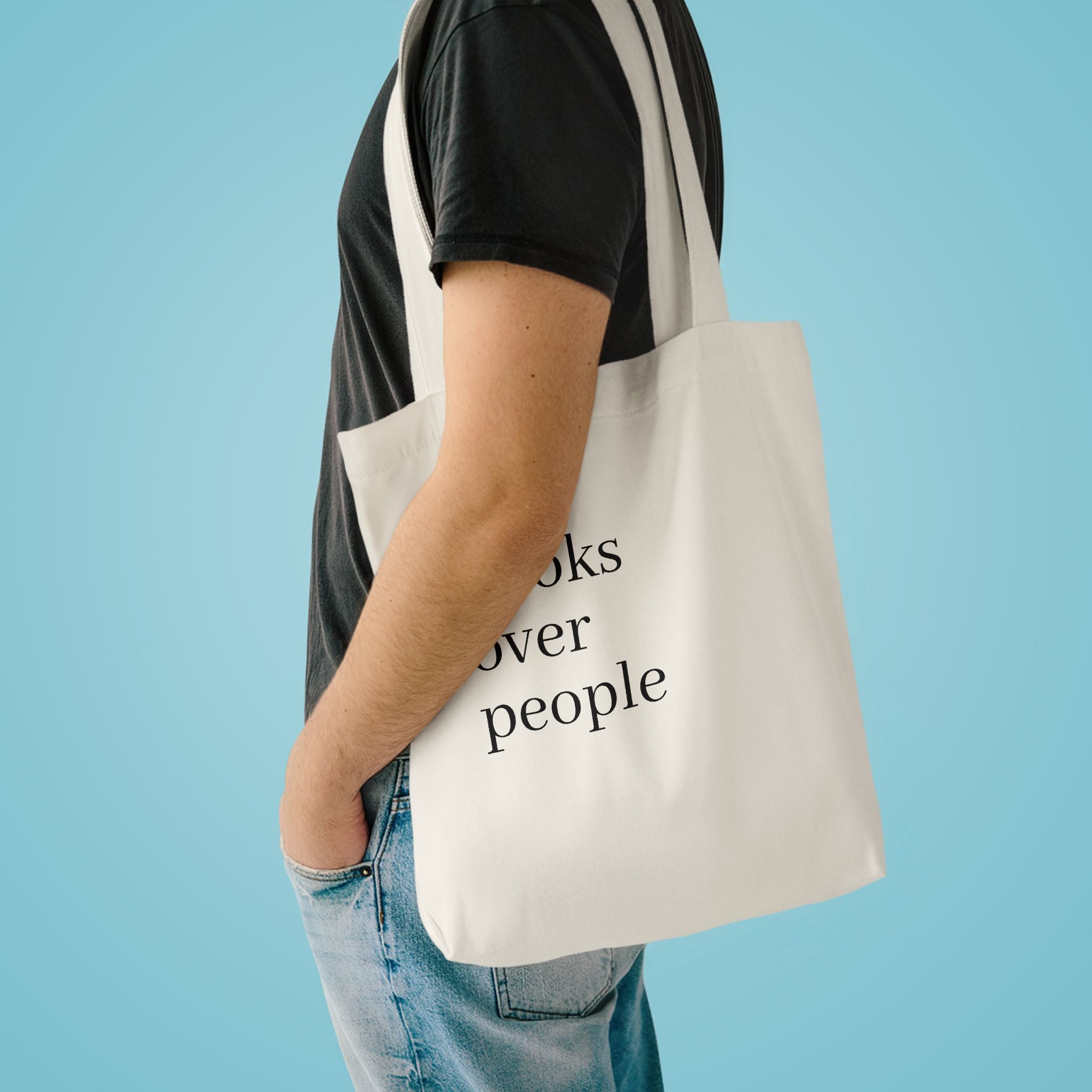 Black Cotton Tote Bag — Subtle 'Books Over People' Embroidered Library Tote