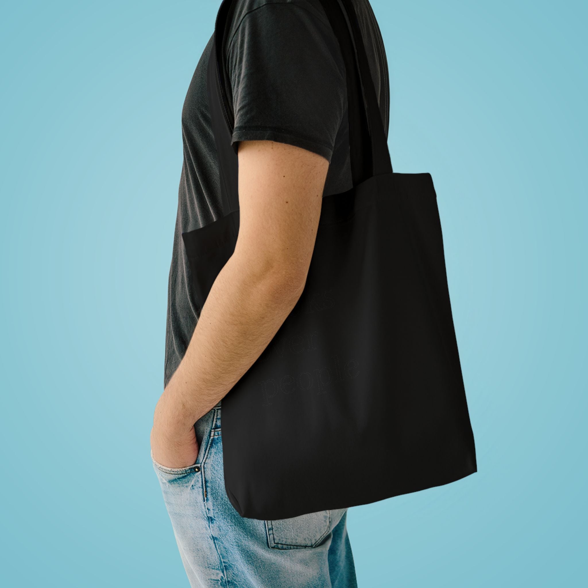 Black Cotton Tote Bag — Subtle 'Books Over People' Embroidered Library Tote