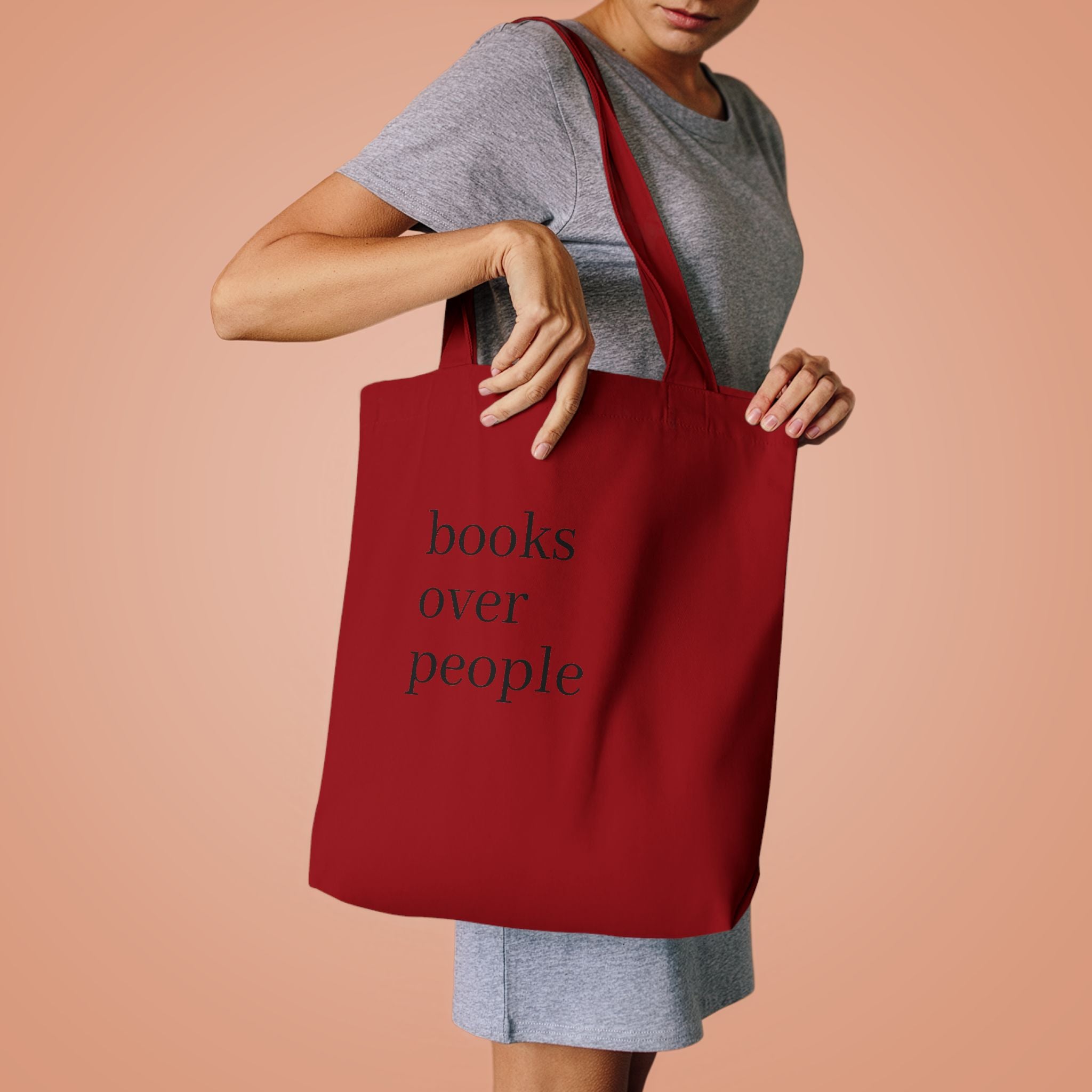 Black Cotton Tote Bag — Subtle 'Books Over People' Embroidered Library Tote