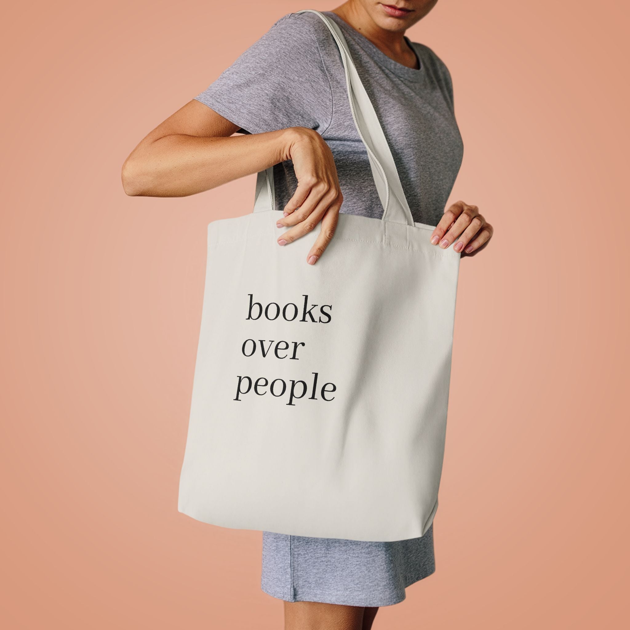 Black Cotton Tote Bag — Subtle 'Books Over People' Embroidered Library Tote