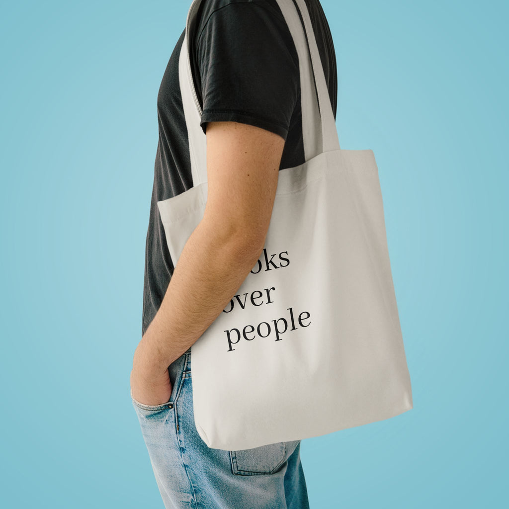 Black Cotton Tote Bag — Subtle 'Books Over People' Embroidered Library Tote