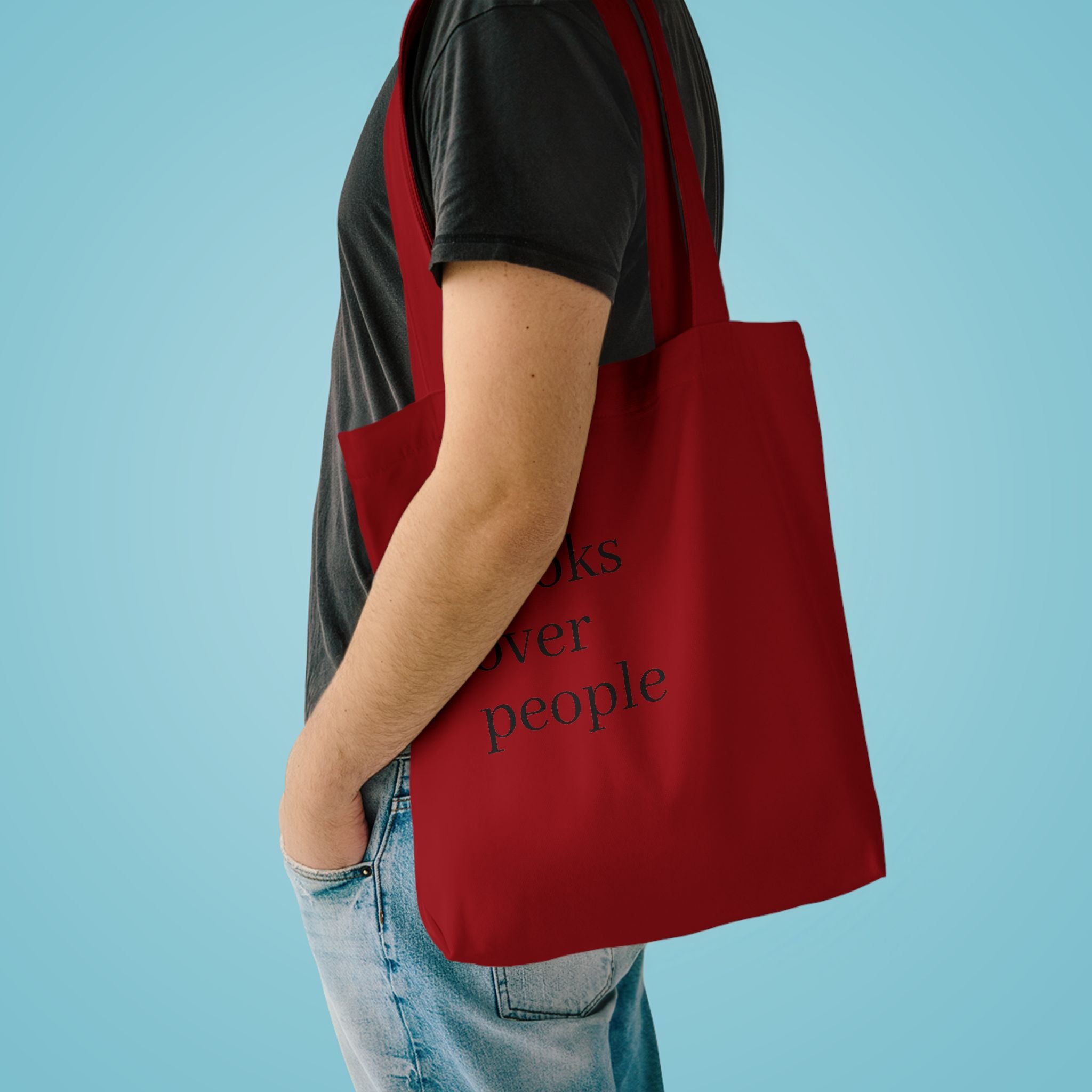 Black Cotton Tote Bag — Subtle 'Books Over People' Embroidered Library Tote