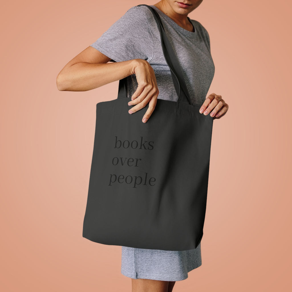 Black Cotton Tote Bag — Subtle 'Books Over People' Embroidered Library Tote