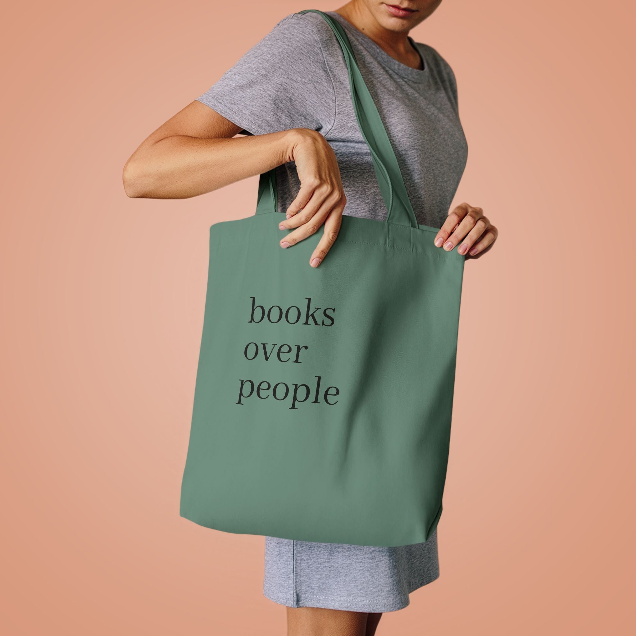 Black Cotton Tote Bag — Subtle 'Books Over People' Embroidered Library Tote