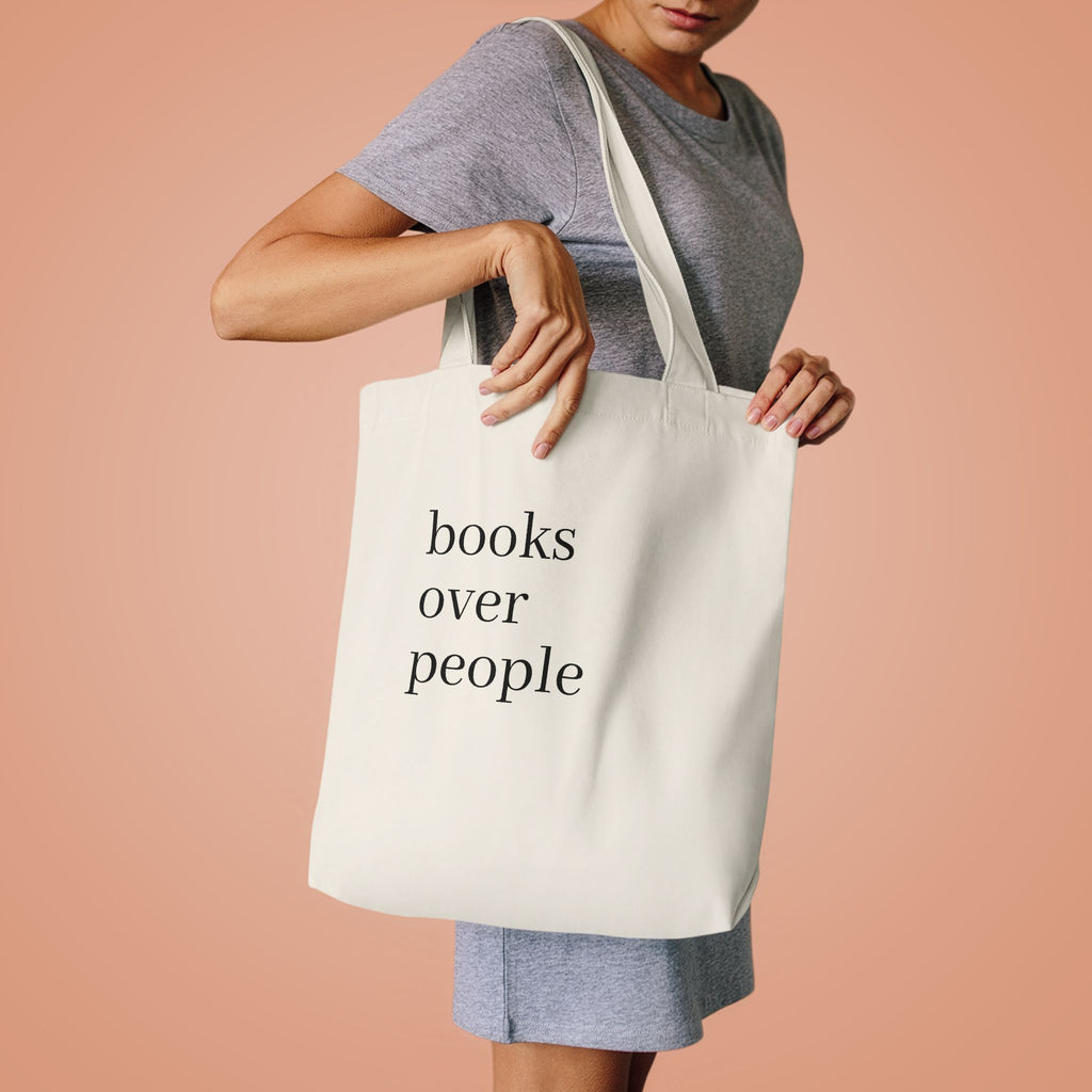Black Cotton Tote Bag — Subtle 'Books Over People' Embroidered Library Tote
