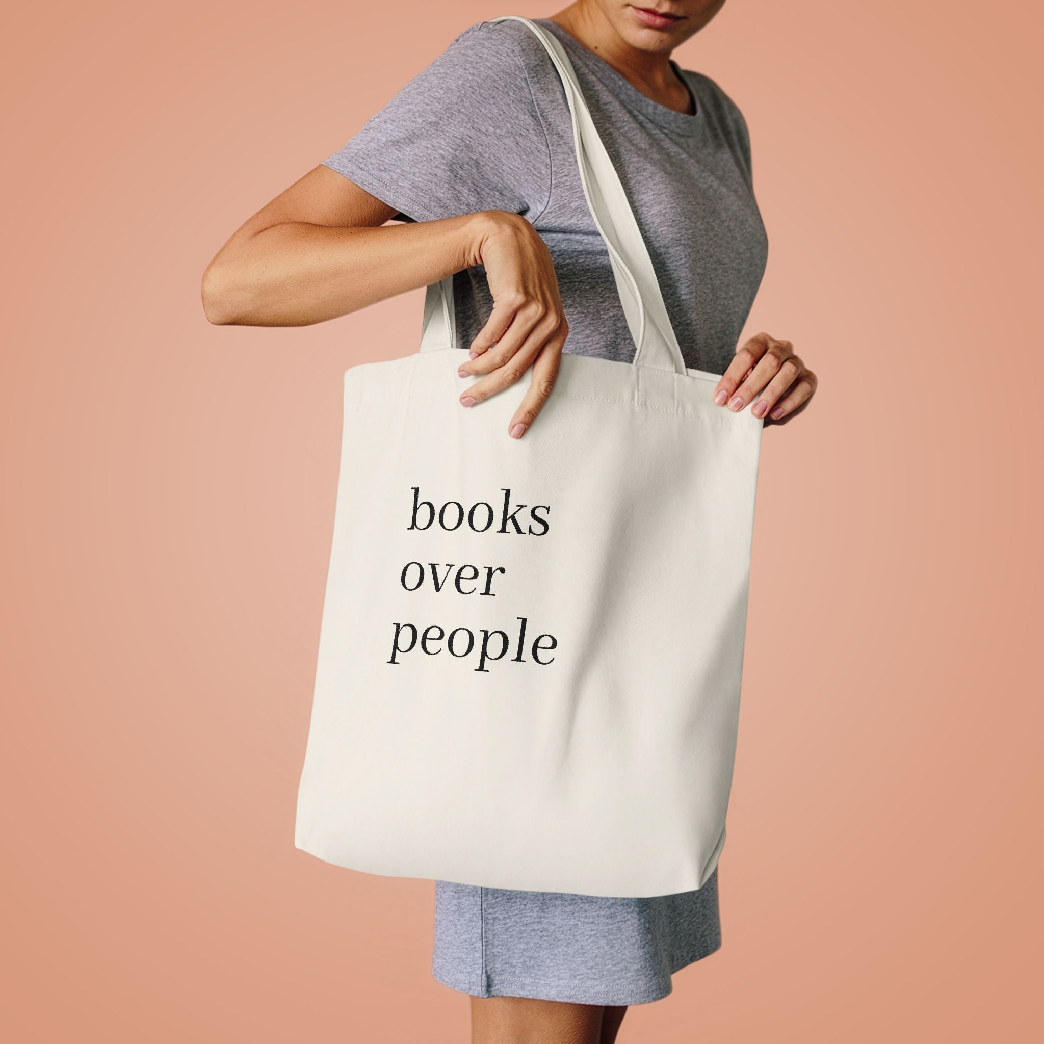 Black Cotton Tote Bag — Subtle 'Books Over People' Embroidered Library Tote