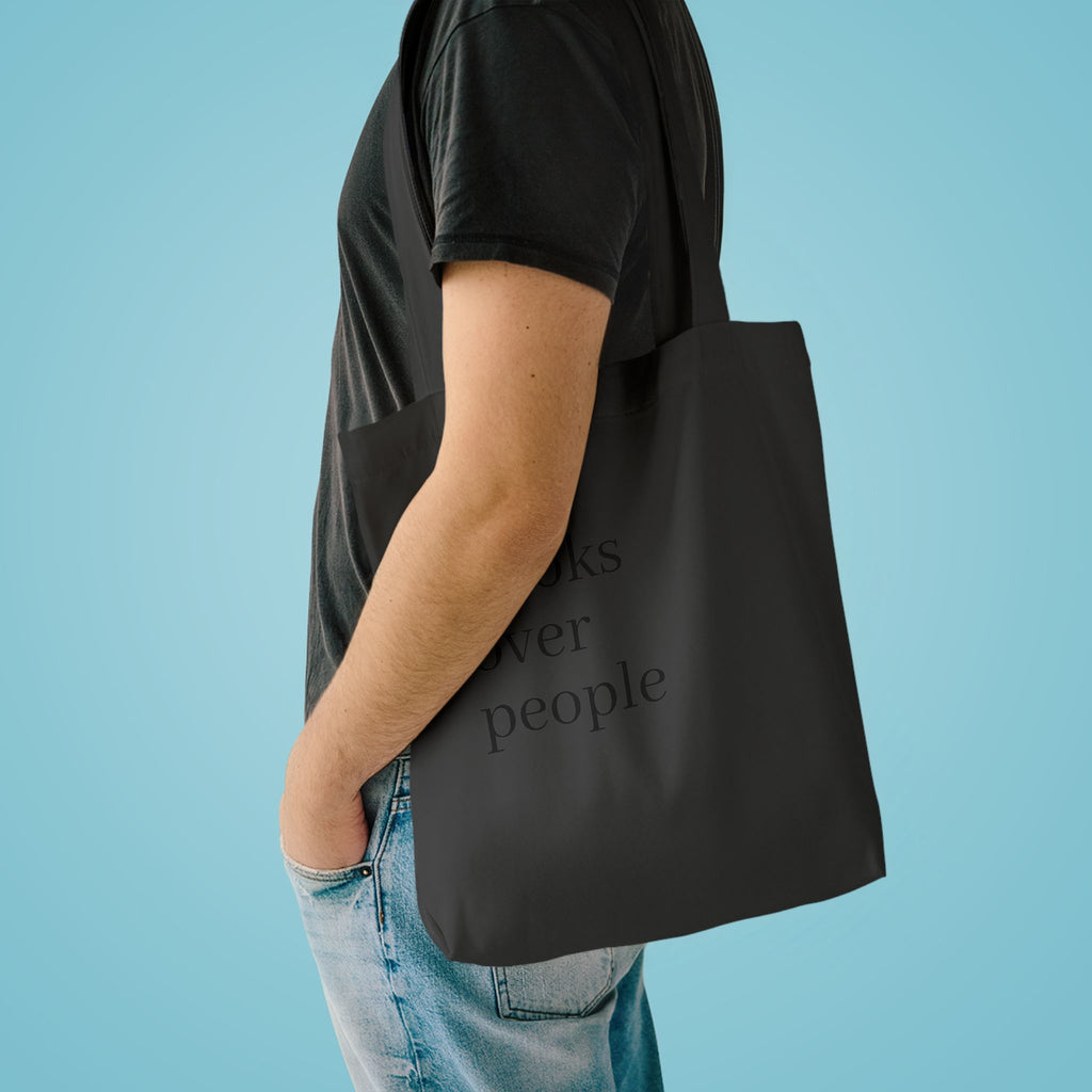 Black Cotton Tote Bag — Subtle 'Books Over People' Embroidered Library Tote