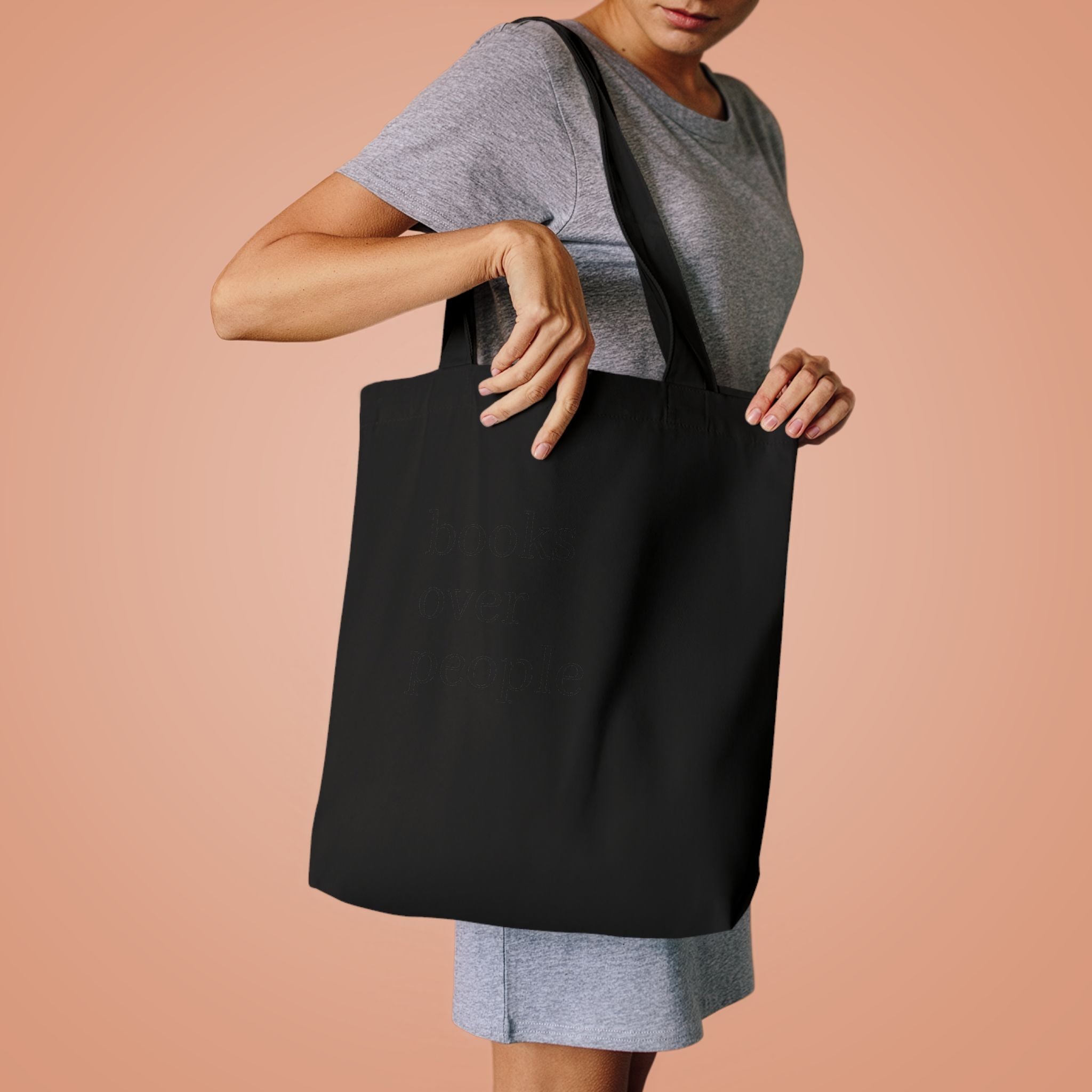 Black Cotton Tote Bag — Subtle 'Books Over People' Embroidered Library Tote