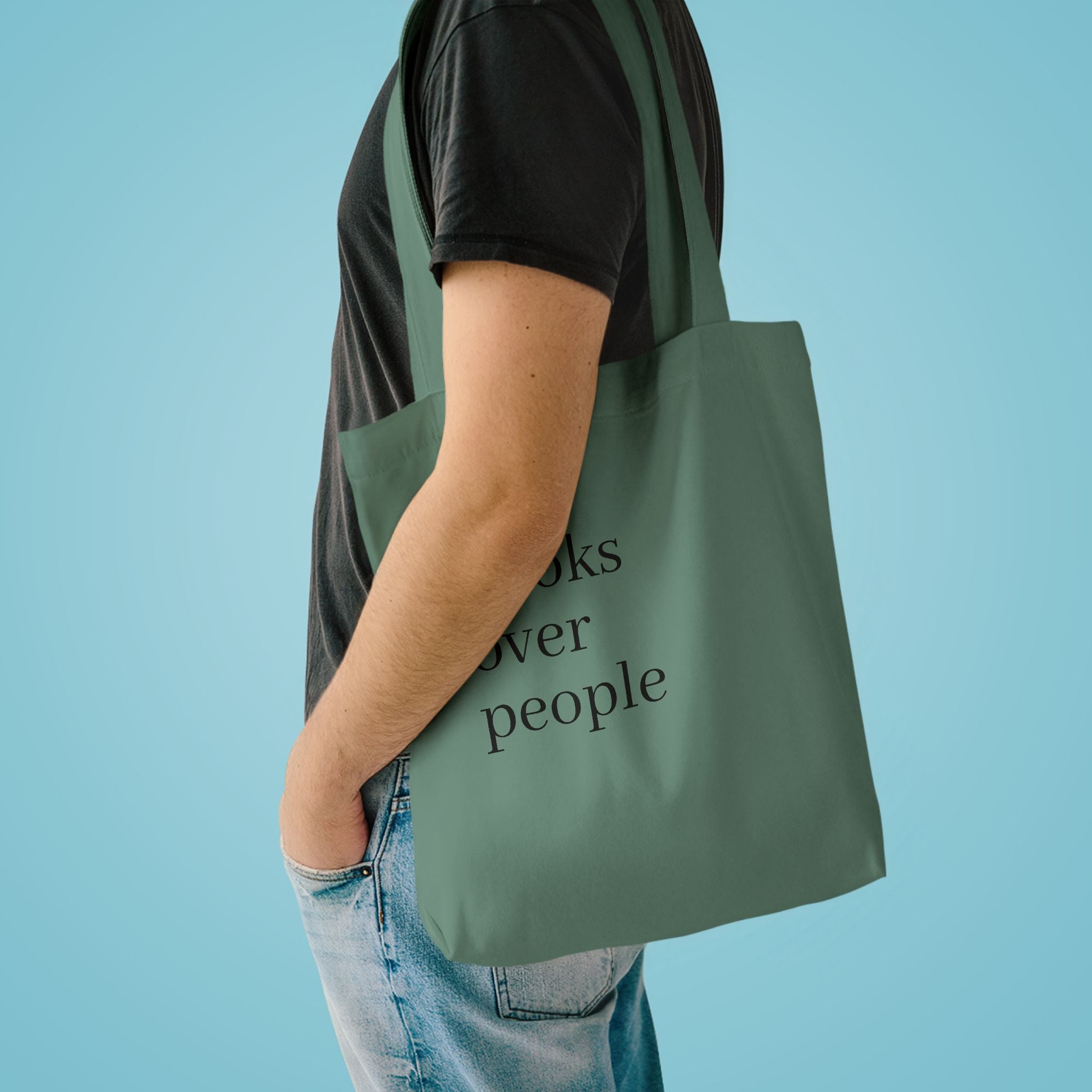 Black Cotton Tote Bag — Subtle 'Books Over People' Embroidered Library Tote